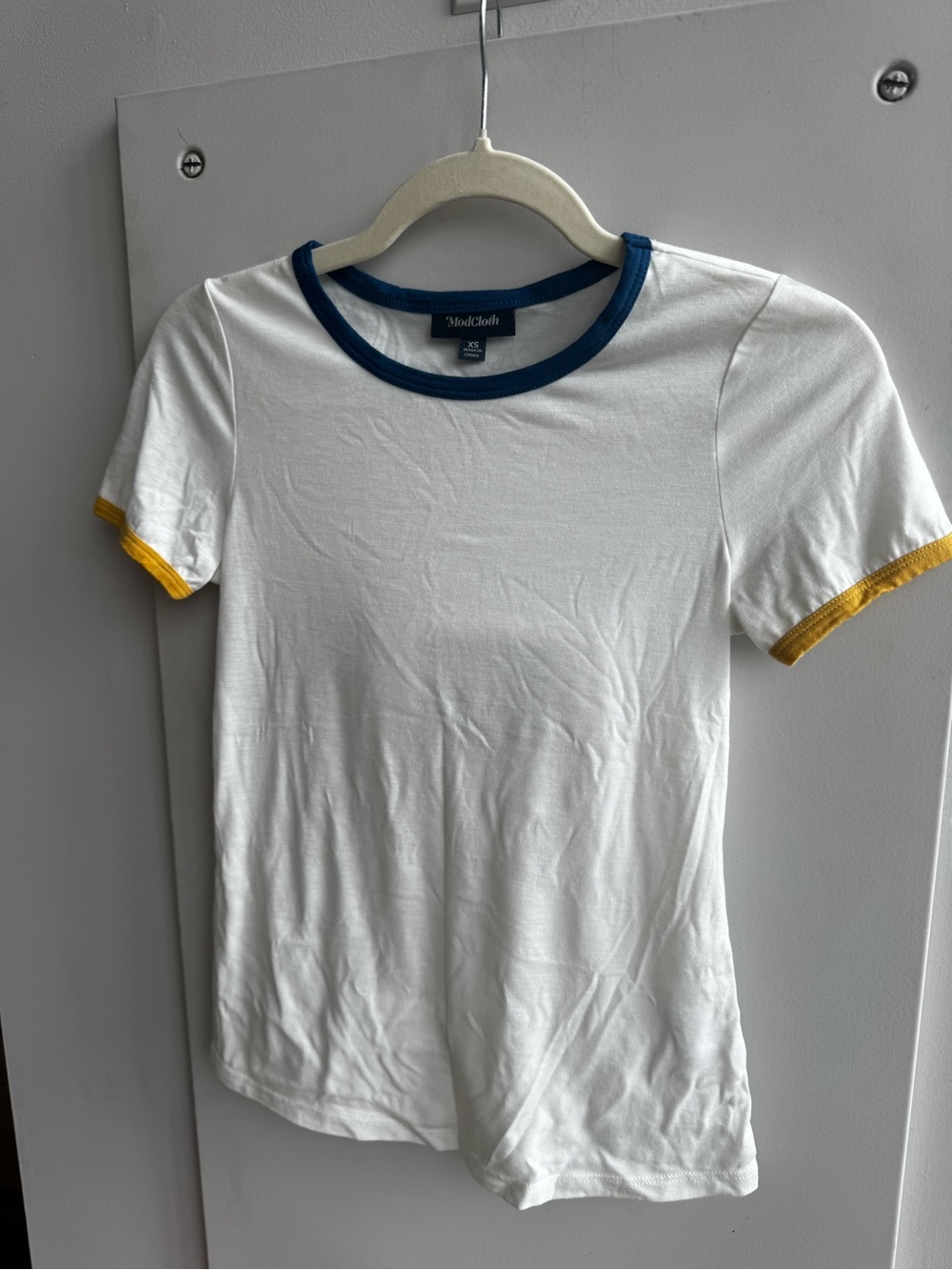 ModCloth White Ringer Tee Navy Yellow Trim Size XS - Picture 2 of 4